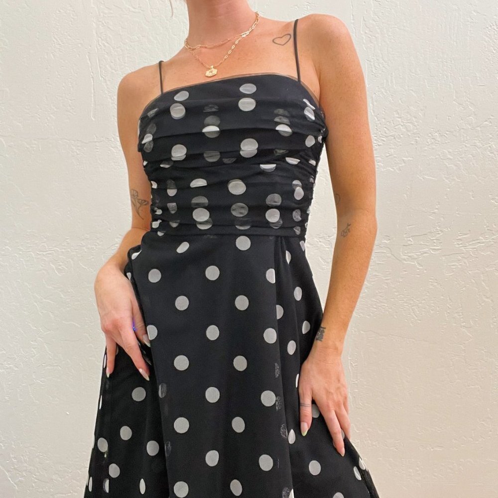 Vintage 90s/Y2K Eliza J Black Polka Dot Ruched Chiffon Fit Flare Midi Dress - Picture 6 of 12